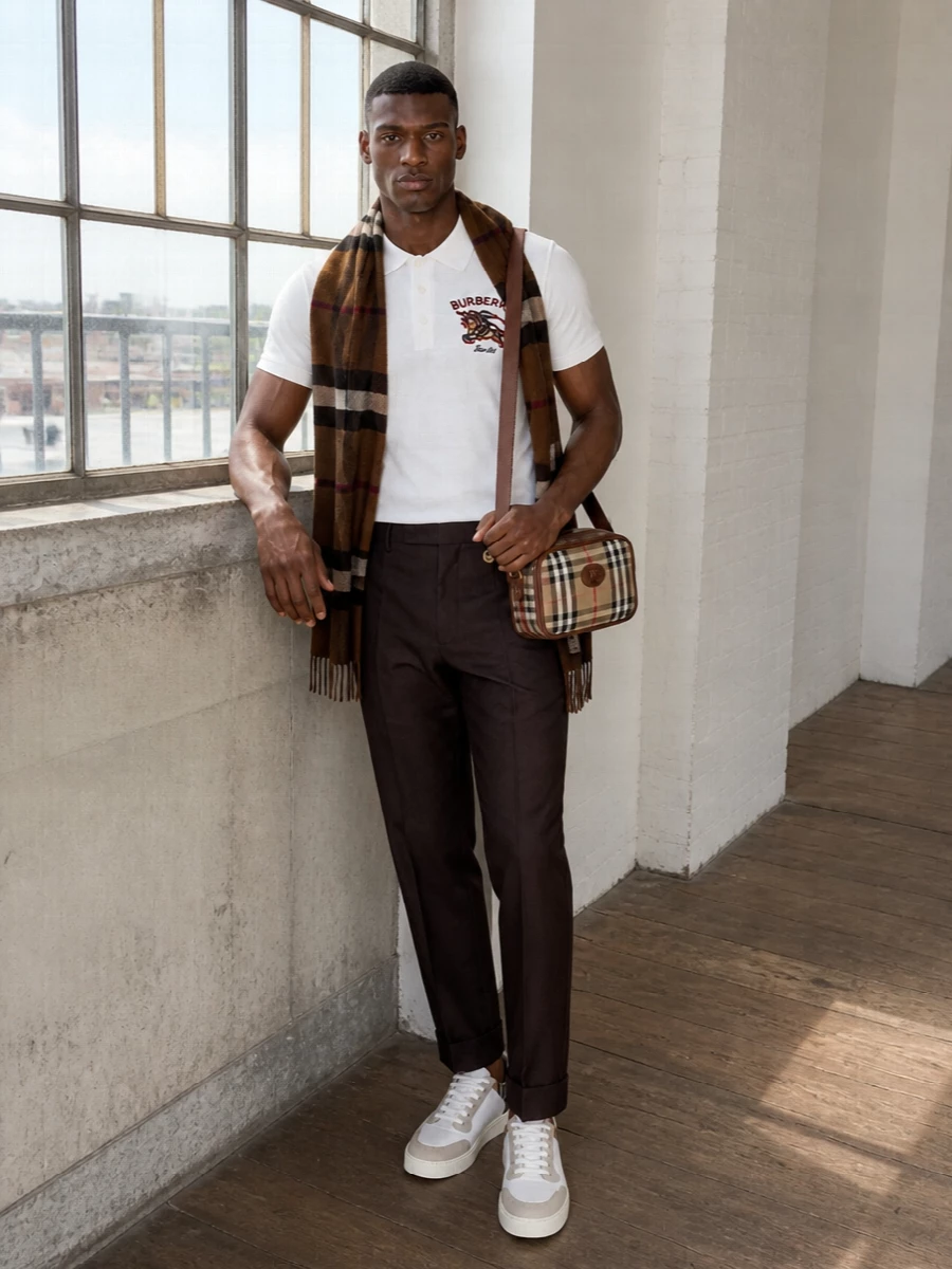 Burberry mens crest polo brown trousers outfit