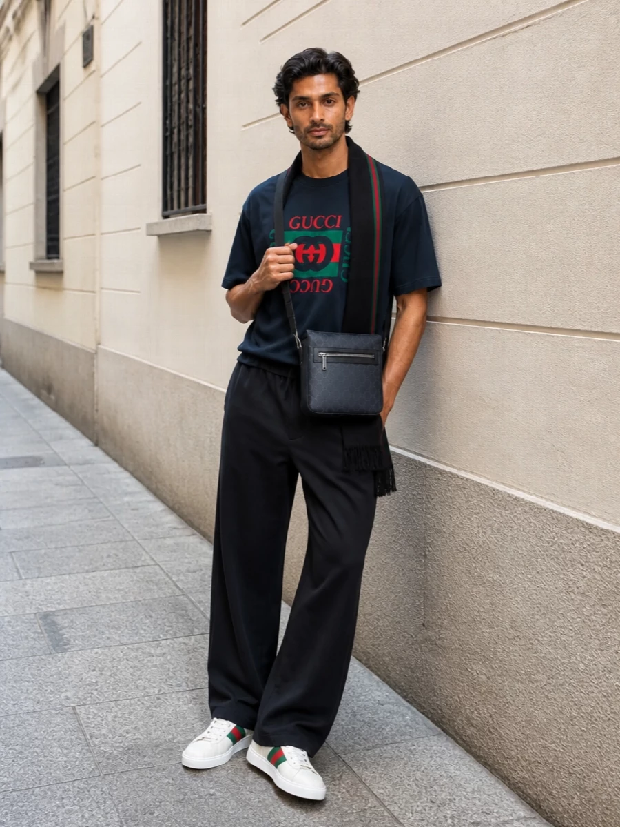 Deep navy, black and off-white set a focused base that lets the Gucci stripes on the tee and sneakers stay sharp and graphic. The wide-leg trouser keeps the proportions relaxed and street-driven, while the compact crossbody and slim web-detailed scarf add just enough structure and house signature for city days and travel. It is a confident, logo-forward uniform that reads sporty but polished in colder weather.