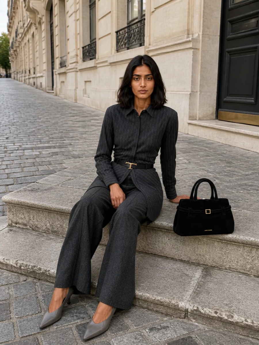 Andamane grey wide leg trousers pinstripe shirt