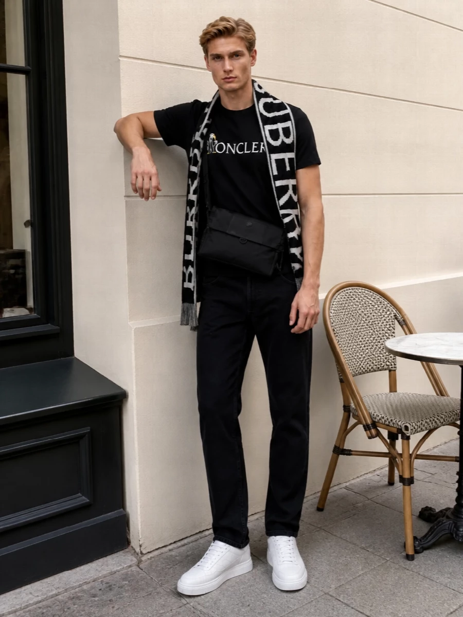 Moncler logo tee black jeans white sneakers