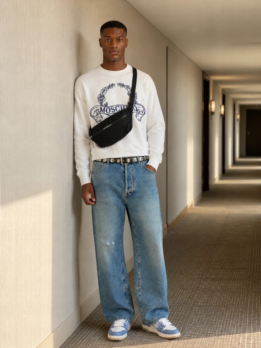 Moschino wide leg jeans sweatshirt amiri sneakers