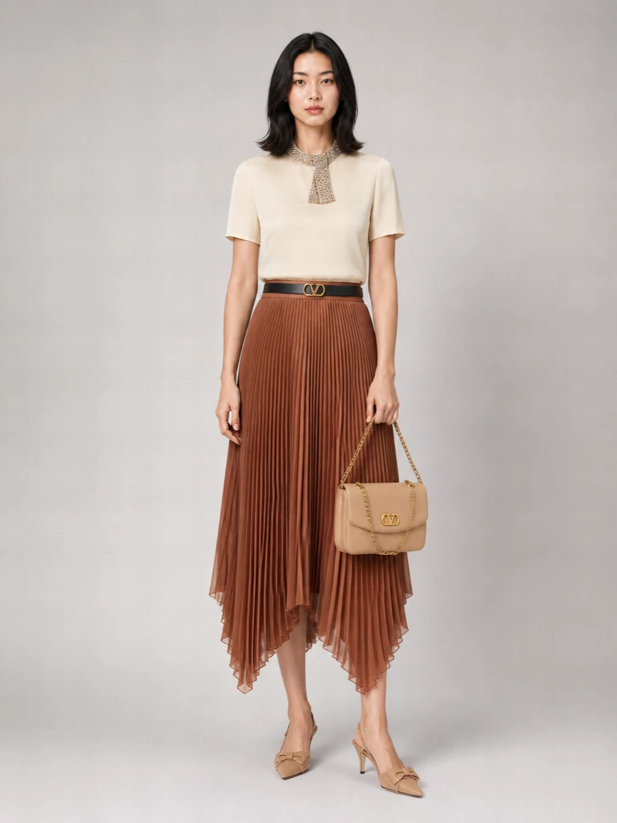 Valentino Garavani Silk Pleated Asymmetric Midi Skirt