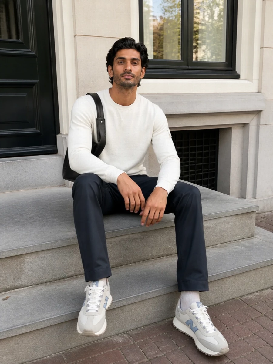 Moncler sneakers off white sweatshirt navy trousers