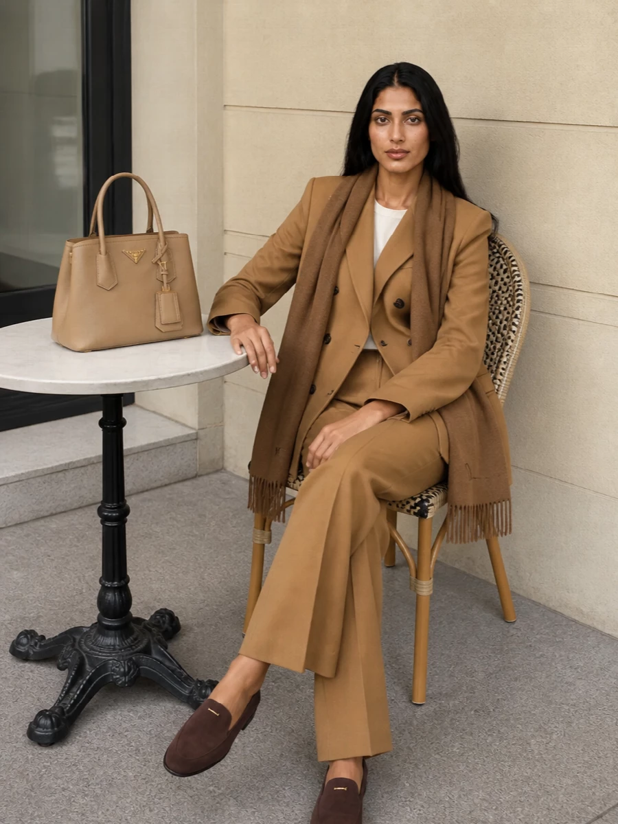 Max mara camel suit prada camel tote loafers