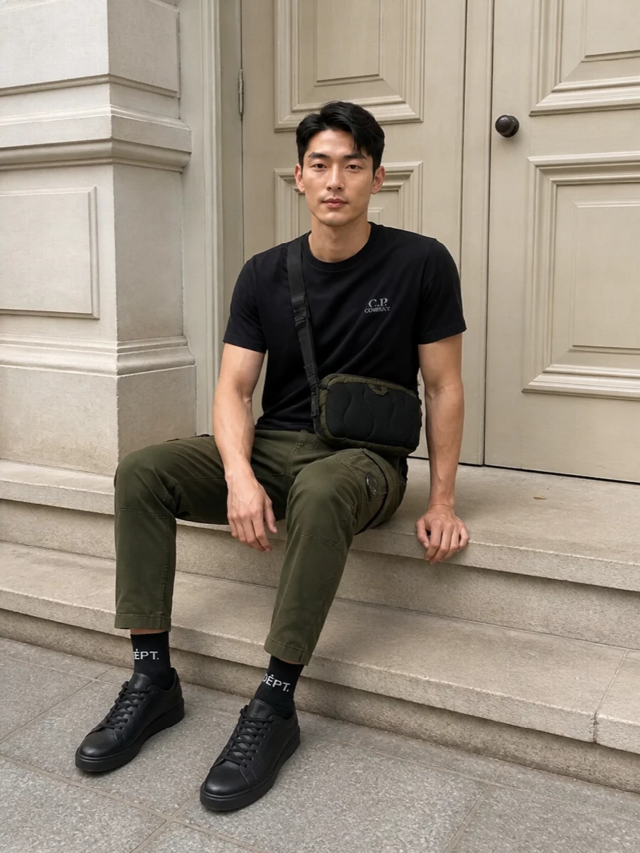 A black C.P. tee sits against dark olive cargos for a low-contrast, utilitarian take on streetwear that feels considered rather than loud. All-black Y-3 sneakers keep the lines sleek and agile, while a compact C.P. crossbody and branded socks quietly reinforce the technical, city-first attitude. The result is a clean, monochrome-adjacent uniform with just enough hardware and texture to feel engineered, not basic.