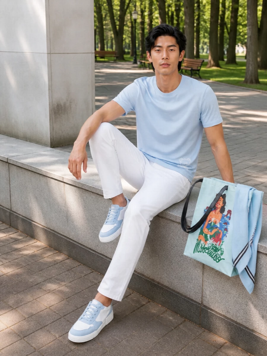 Moschino light blue tee white jeans outfit