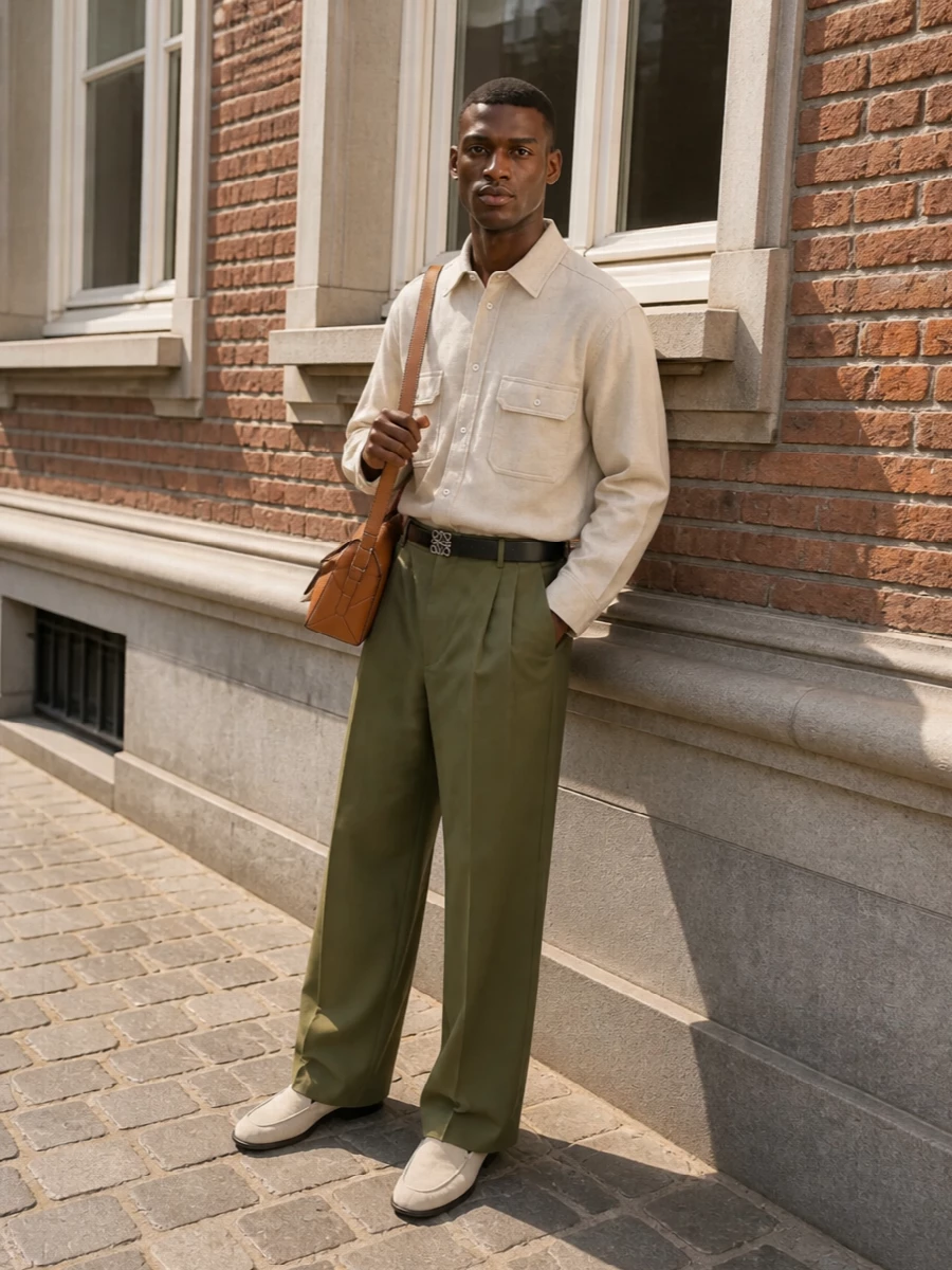 Loewe olive wide leg trousers beige suede loafers