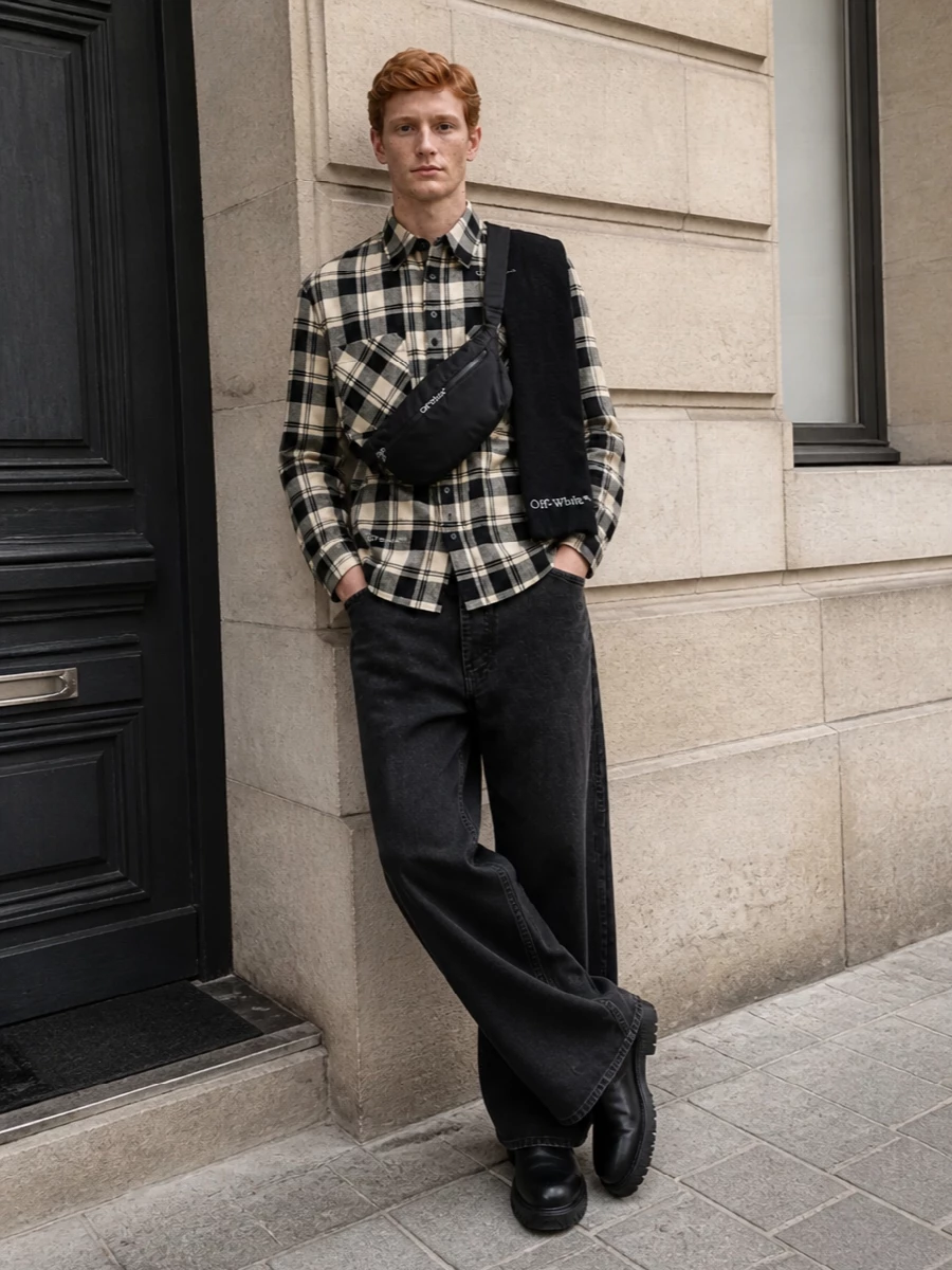 Off white flannel wide leg jeans street style