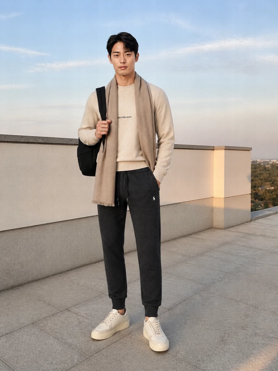 Calvin klein beige sweatshirt charcoal joggers outfit