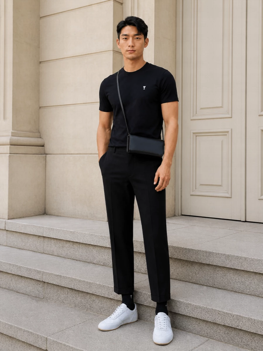 A black Ami tee sits over cropped pleated trousers for a clean, Parisian take on casual tailoring. Studio-clean white sneakers keep it relaxed but precise, while a slim black shoulder bag sharpens the silhouette. The result is a monochrome uniform that moves easily from daytime city wandering to understated evening plans.