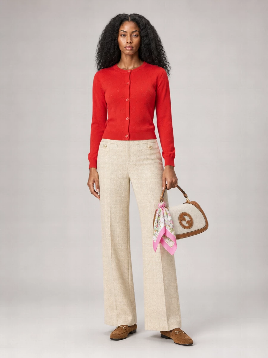 A vivid red knit meets softly structured beige tailoring for a fresh, preppy take on Gucci polish. Suede horsebit loafers and an ivory top-handle bag keep the palette light and restrained, with a floral silk scarf adding a quiet, romantic accent. It is an easy city uniform that reads refined without feeling formal.