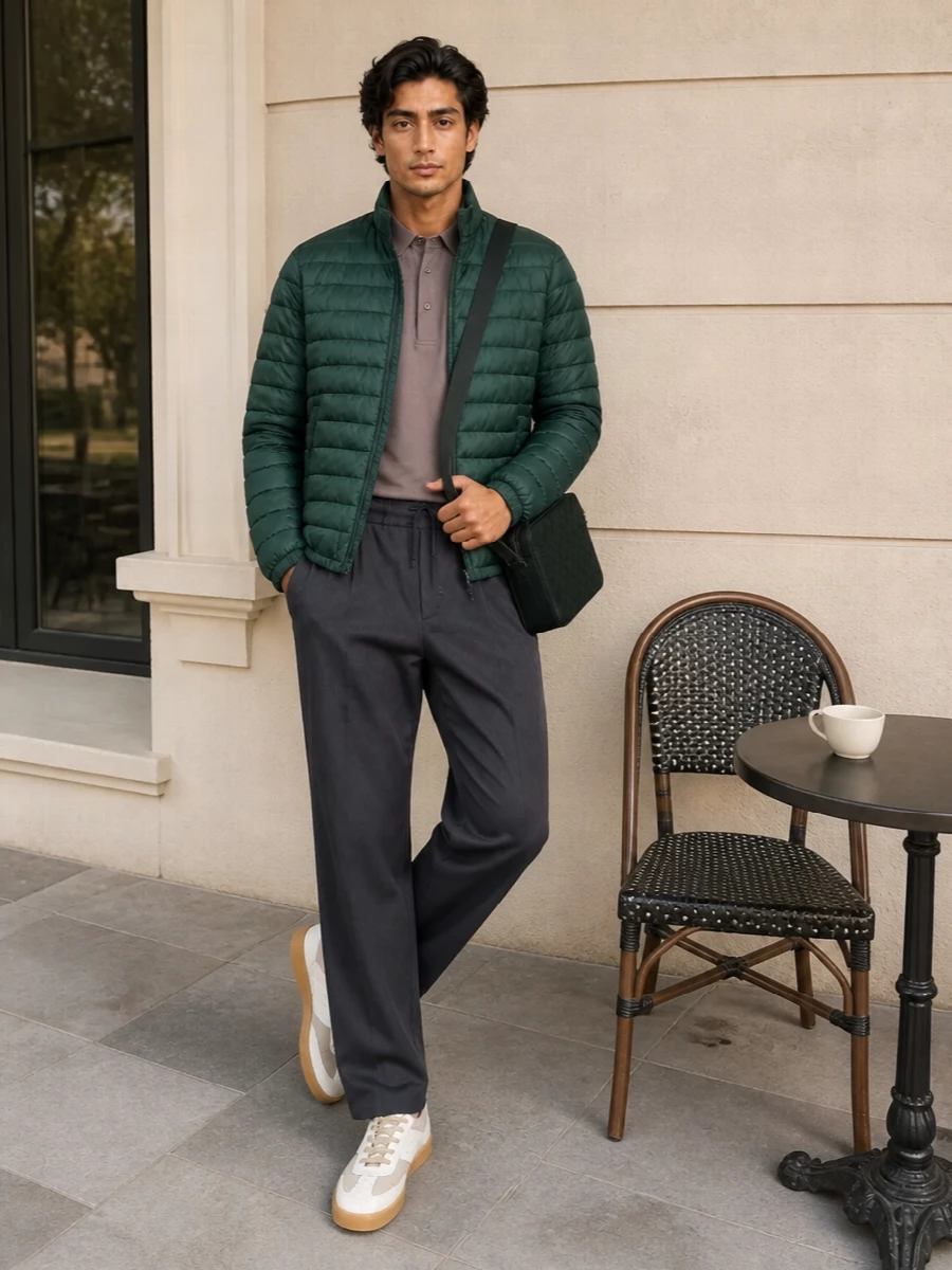 Herno green bomber taupe polo charcoal trousers