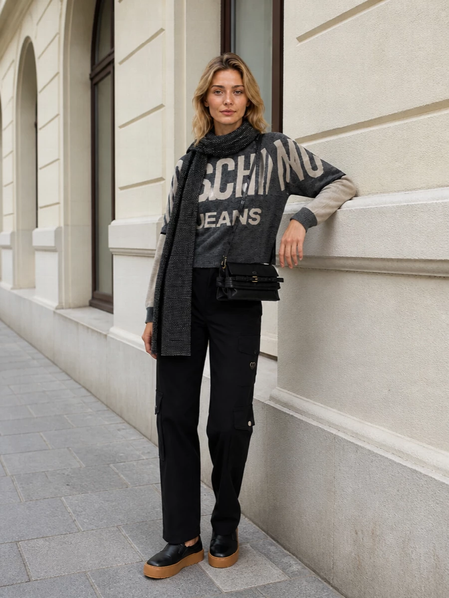 Moschino logo sweater black cargo trousers outfit