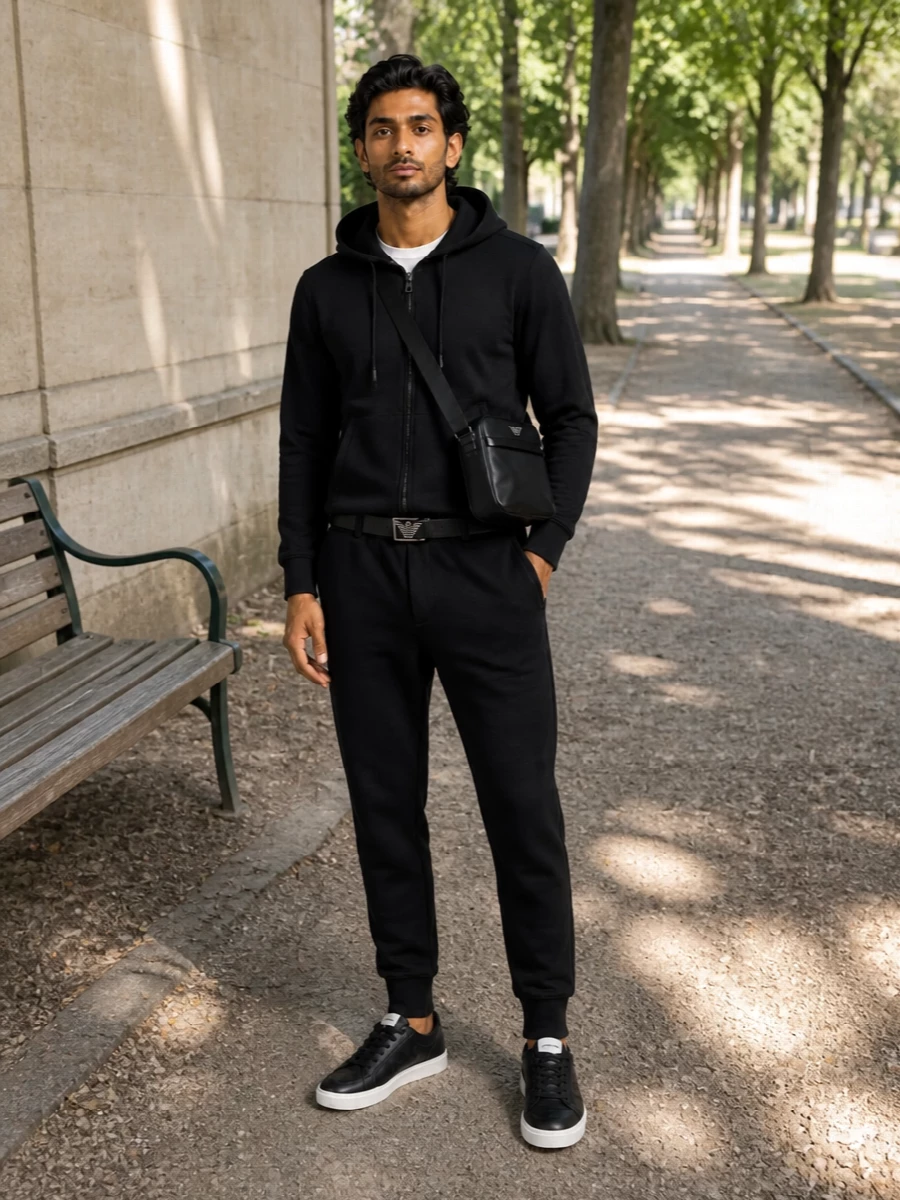 Emporio armani black hoodie joggers sneakers outfit