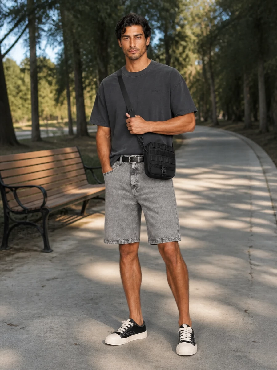 Carhartt grey denim shorts black tee sneakers