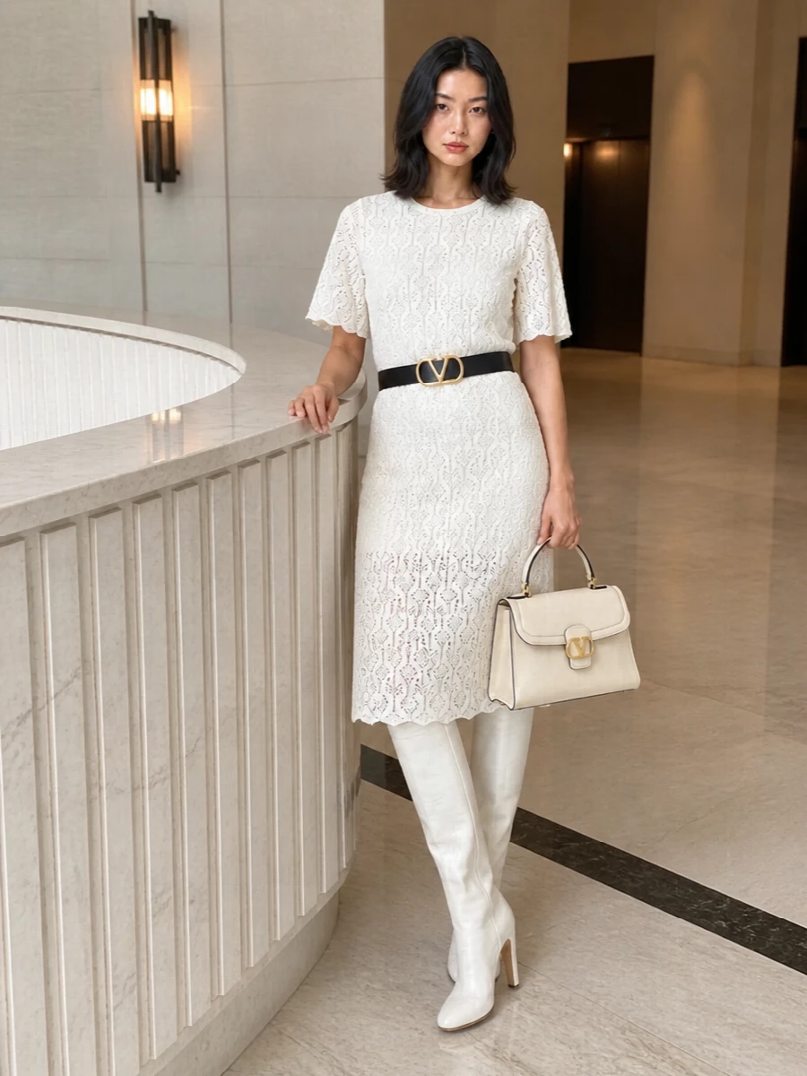 Bottega veneta ivory lace skirt outfit boots