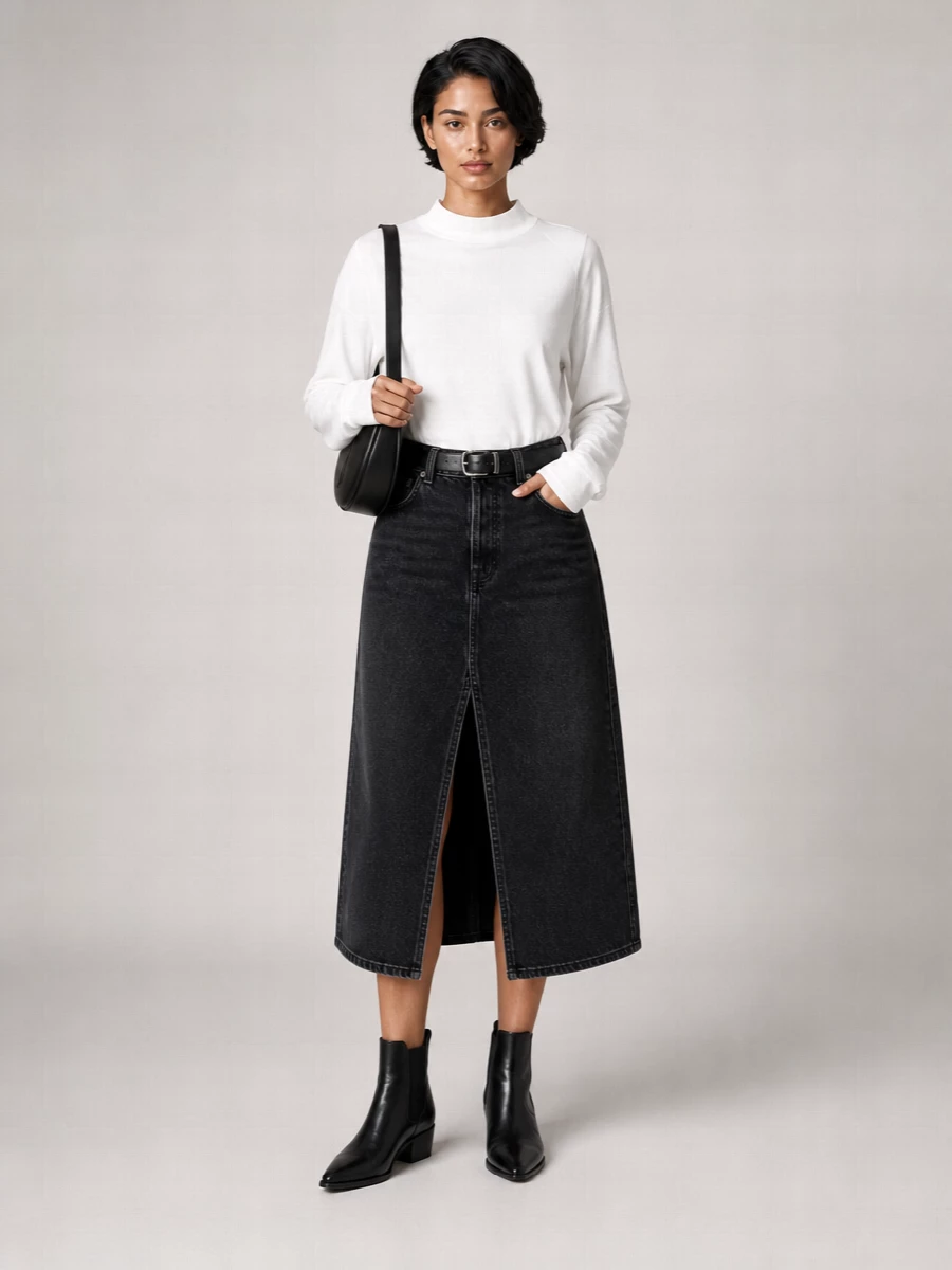 A high-rise washed-black midi skirt meets a soft white mock-neck for a clean, gallery-ready take on streetwear minimalism. A pointed black Chelsea boot keeps the line sharp, while a sculpted black shoulder bag and simple leather belt add subtle structure without breaking the monochrome mood.