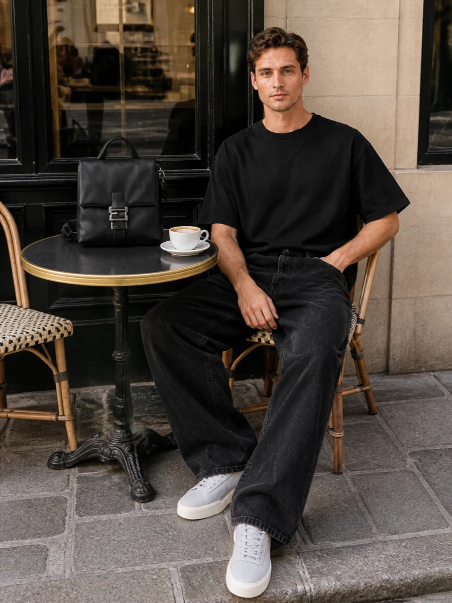 A quietly assertive monochrome story built around high-rise wide-leg washed black denim and a weighty, oversized black tee. Pale grey sneakers keep the mood soft and modern, while the structured black crossbody adds just enough precision to the ease. It is an easy uniform for city days when you want volume and presence without any noise.