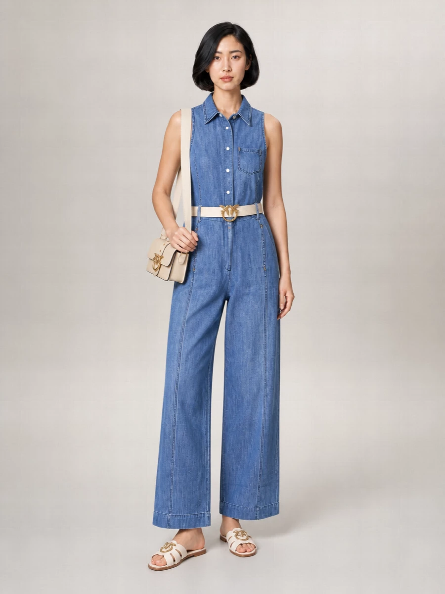 A mid-blue denim jumpsuit, cream slides and a structured beige cross-body create a clean, sun-ready mix of utility and polish. The ivory belt picks up the soft neutral accents, sharpening the waist while keeping everything relaxed. Gold hardware threads quietly through each piece so the palette feels cohesive rather than matchy.