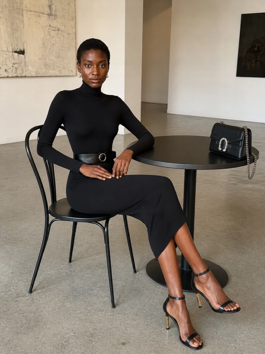 Gucci black midi dress gold heel sandals