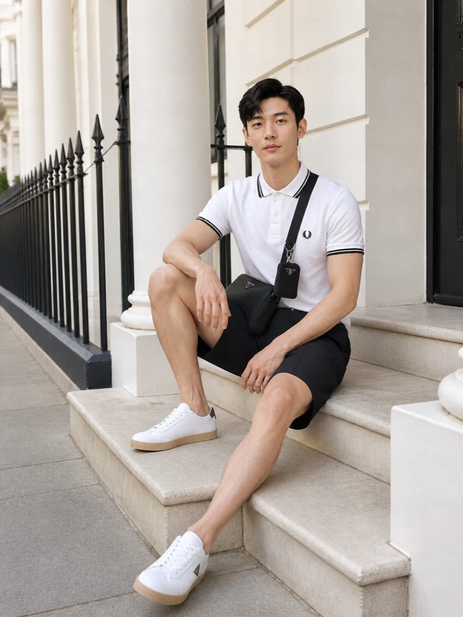 Comme polo black tailored shorts outfit