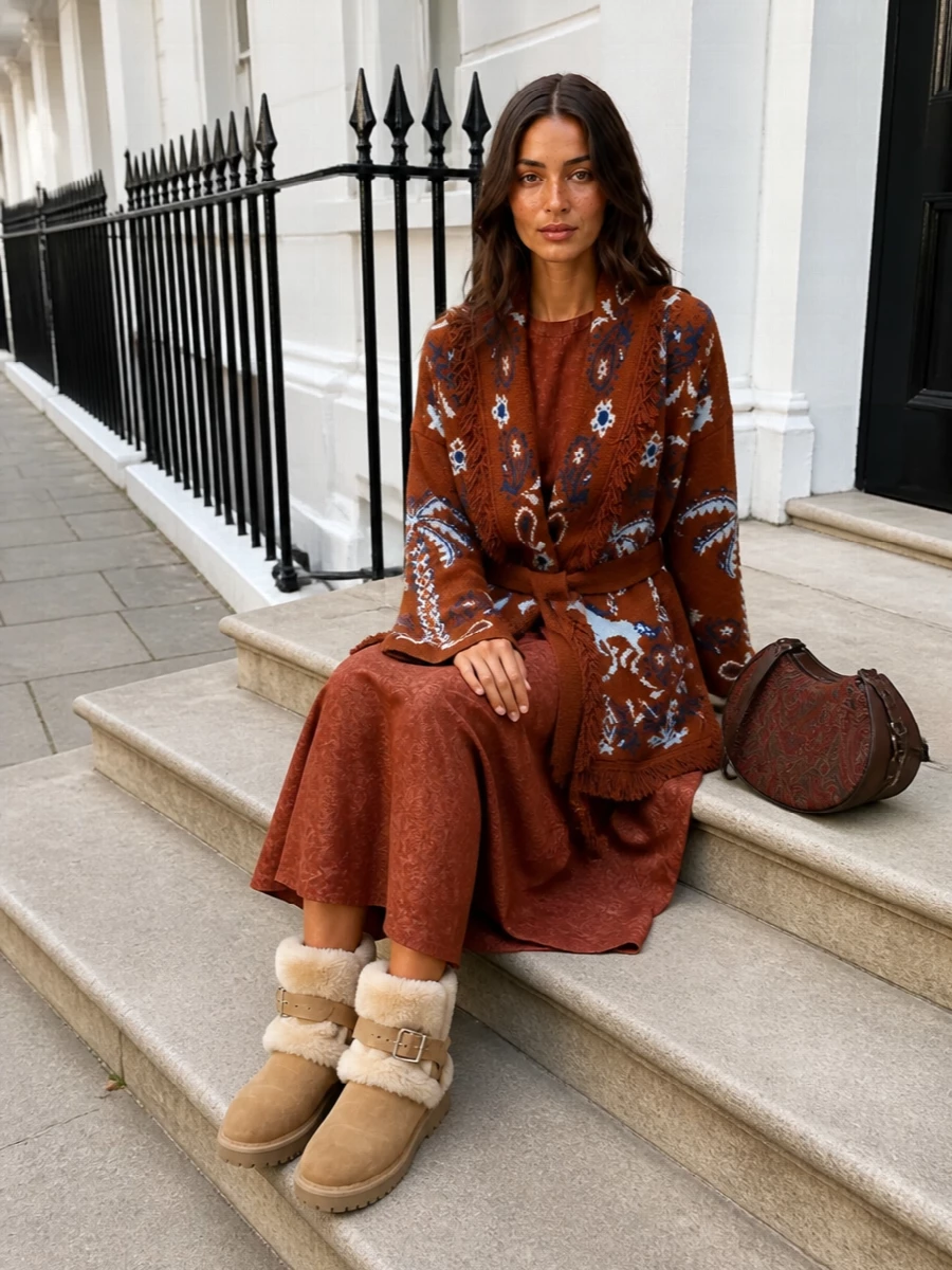 Alanui cardigan rust knit dress shearling boots