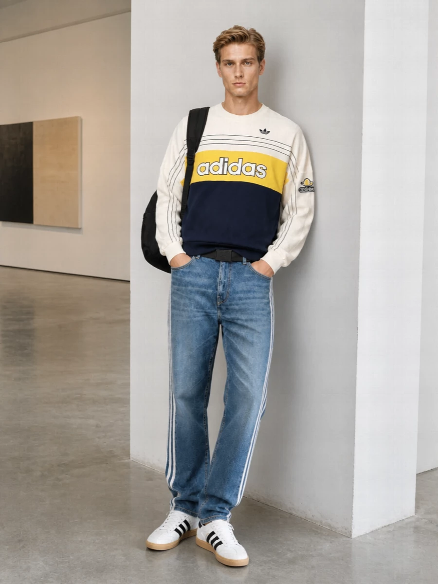 Adidas retro sweatshirt striped jeans sneakers