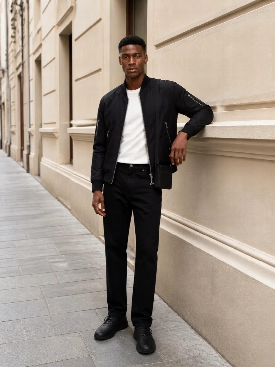 Moose knuckles bomber black jeans sneakers