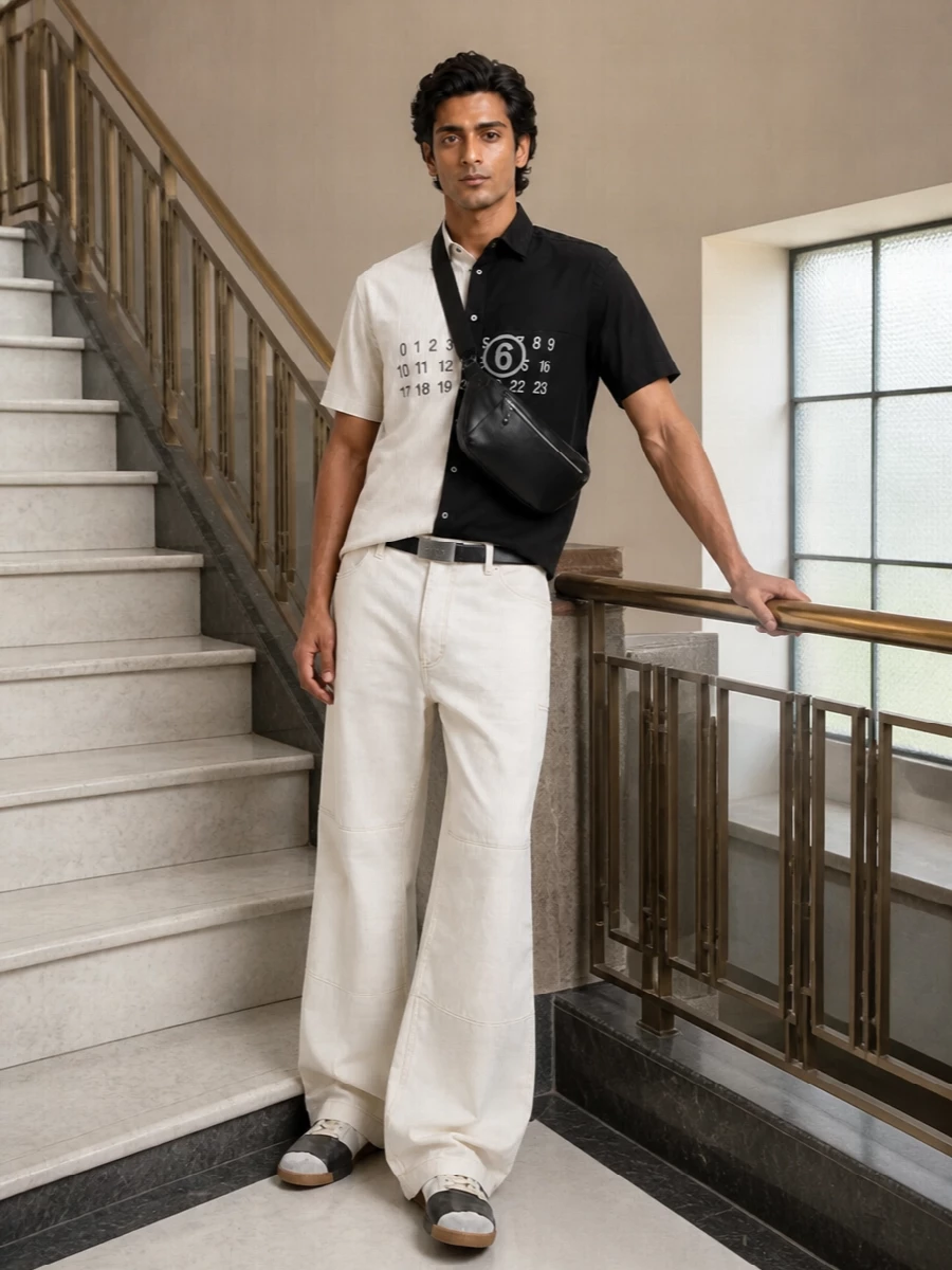 A split Margiela shirt sits over washed off white wide legs for a crisp, graphic take on smart streetwear. Off white and grey sneakers echo the light half of the shirt, while the padded black crossbody and slim belt quietly pick up the darker notes. The proportions stay relaxed through the leg but sharp through the torso, so it feels ready for a studio day that easily runs into late drinks.