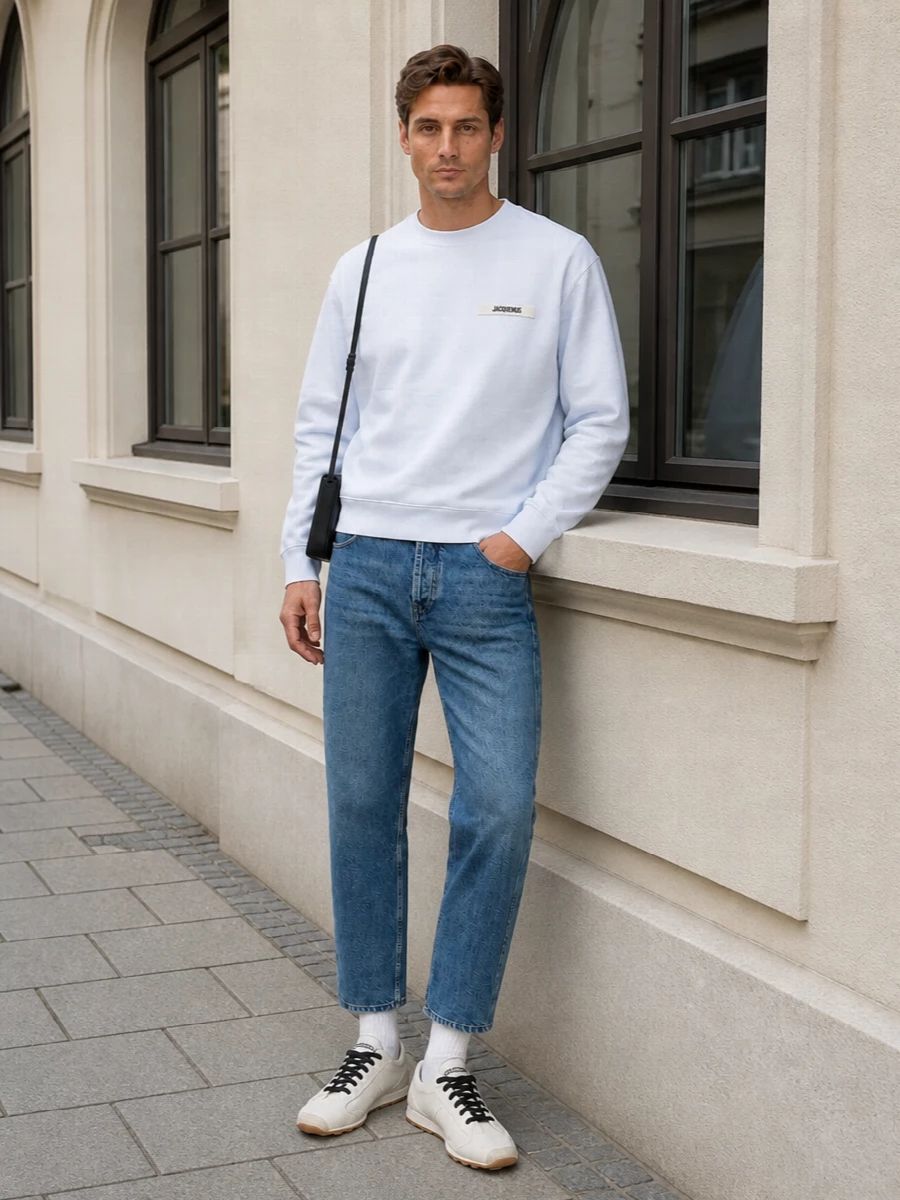 Jacquemus mens white sweatshirt jeans outfit