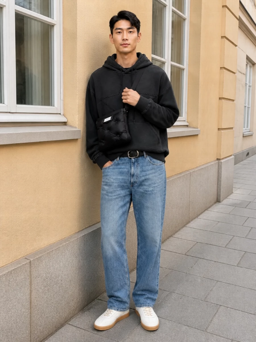 Mm6 jeans charcoal hoodie white sneakers