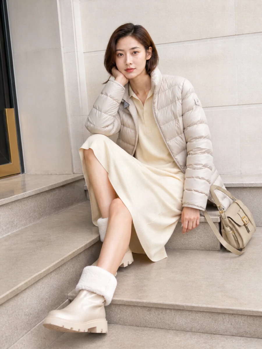 This look builds a tonal winter column under the Moncler puffer with Max Mara’s buttercream shirt dress, keeping the line long and quietly tailored. Shearling-cuffed ivory boots and a buttercream Chloé shoulder bag complete a cohesive, city-ready alpine palette that feels cocooning yet refined. I chose the dress route over separates to maintain an uninterrupted, elongated silhouette that lets the coat read as the hero piece.