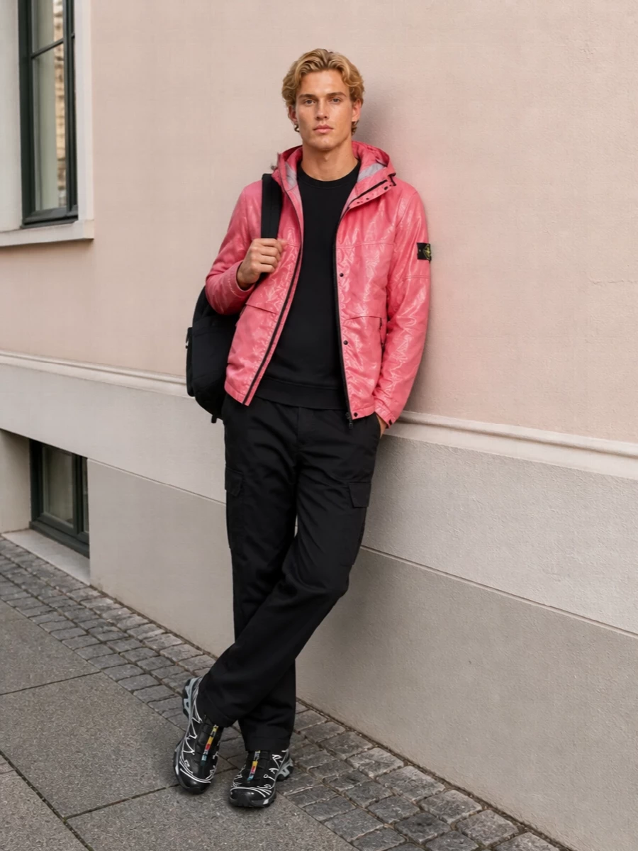 Stone island pink jacket black cargo outfit
