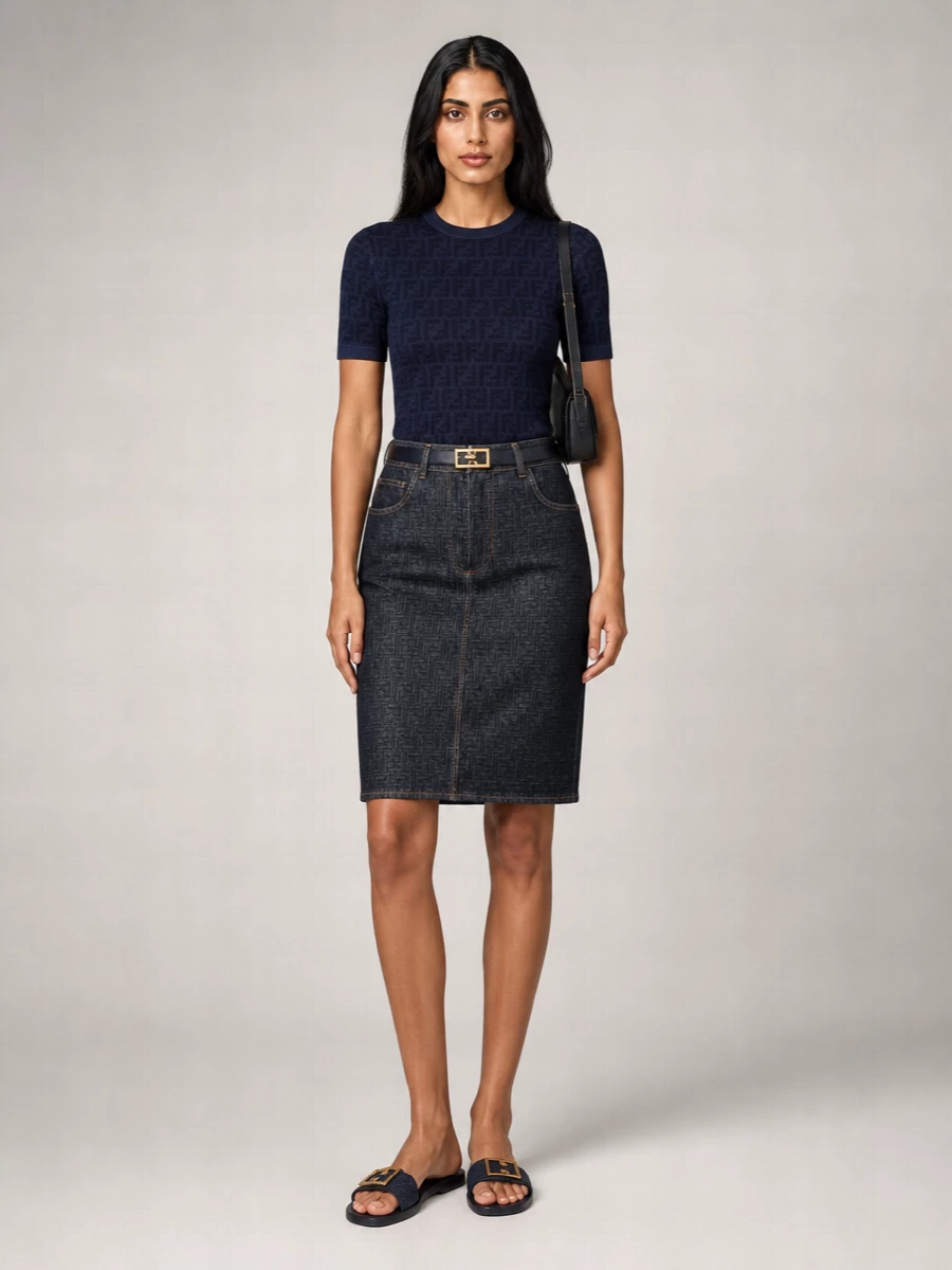 Fendi Padded Denim Straight Skirt