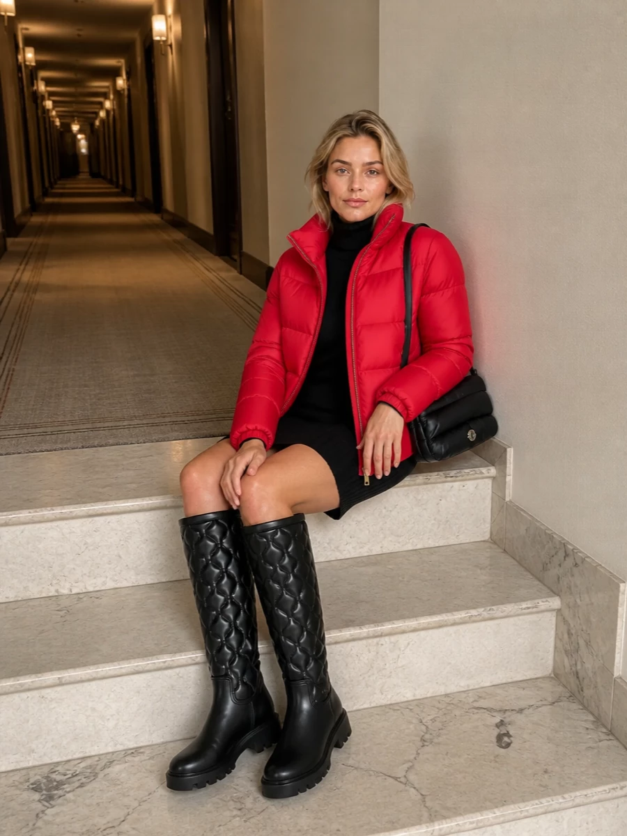 Moncler red puffer black sweater dress boots