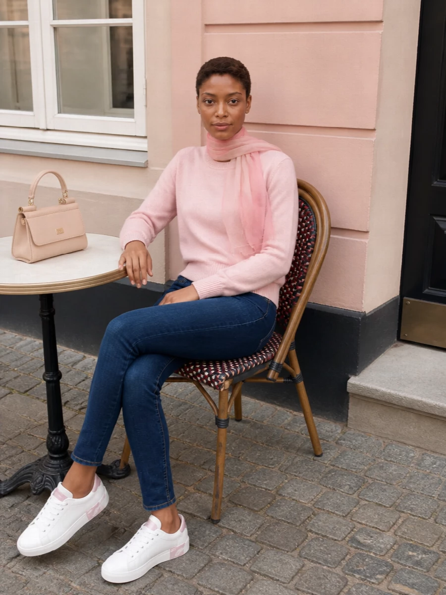 Dolce gabbana blush sweater dark jeans outfit