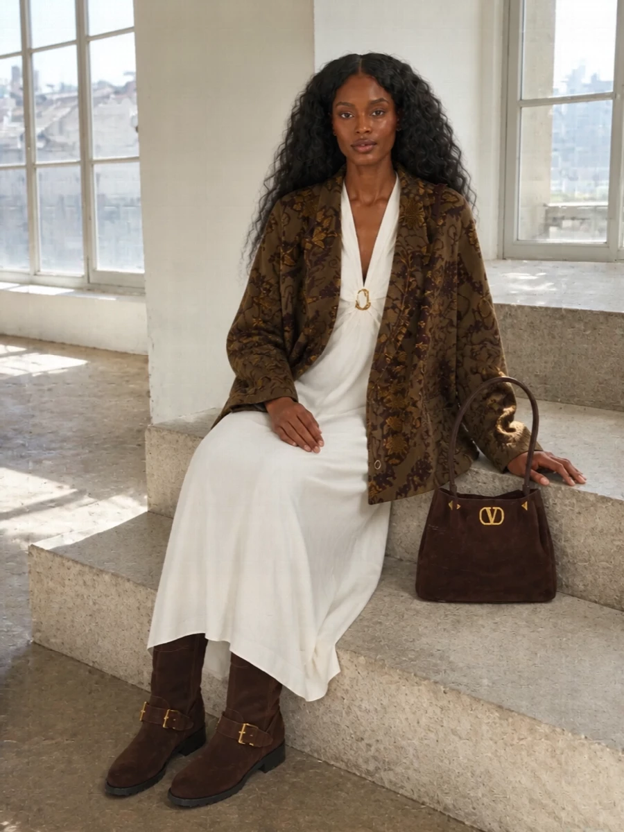 I chose the dress route here so the Uma Wang coat can stay the statement tailored layer over a single, fluid column rather than competing with another blazer. The Forte Forte ivory maxi, dark chocolate Jimmy Choo boots and Valentino bag pick up the coat’s warm taupe, espresso and antique-gold story, giving a poetic, tailored ensemble that works from gallery dinner to winter performance without feeling overworked. It is romantic, grown-up and quietly dramatic, with the outerwear and accessories all reading from the same rich, autumnal script.