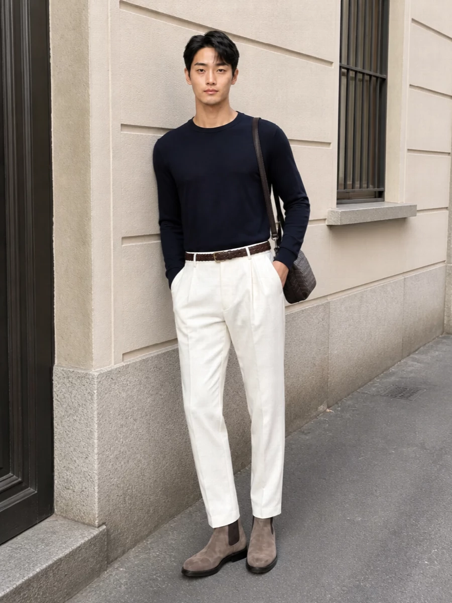 Brunello cucinelli off white trouser navy sweater
