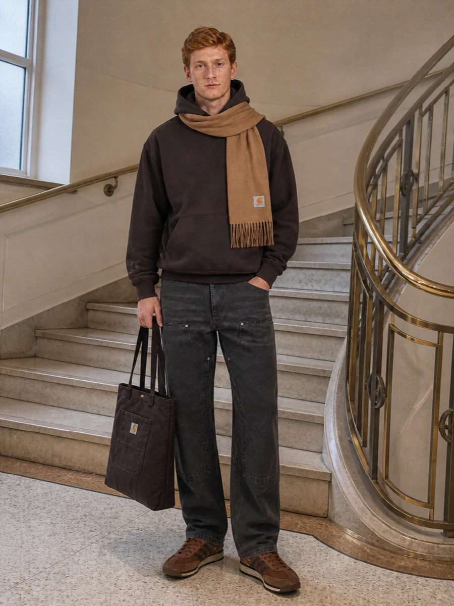 Carhartt brown hoodie work pants adidas trainers