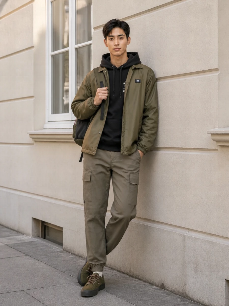 Vans olive coach jacket cargo joggers outfit