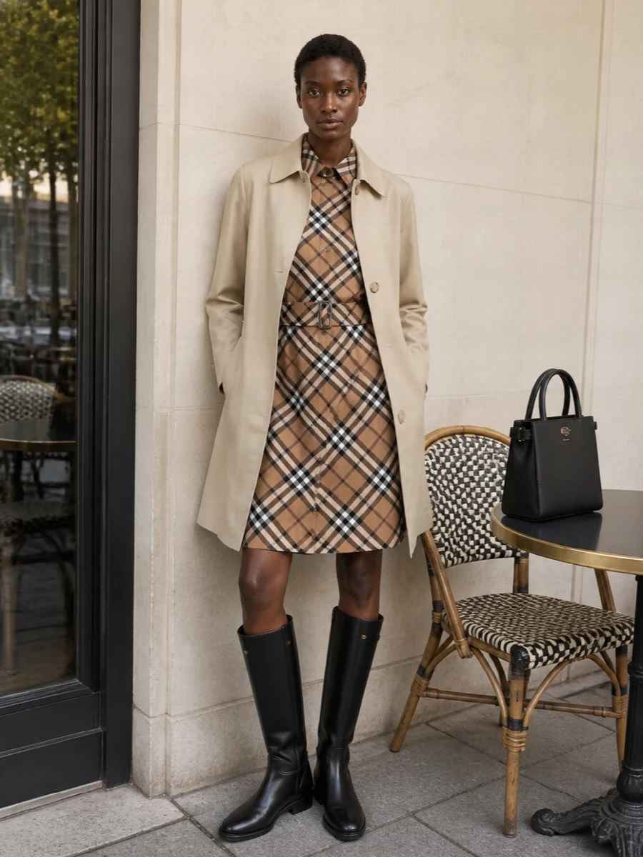 The Burberry check shirtdress and beige single-breasted coat create a quiet, heritage-inflected column that feels precise without shouting for attention. Black riding boots and a structured black top-handle bag sharpen the mood into something boardroom-capable yet easy for late dinners. Choosing the dress route avoids competing checks and seams, keeping the coat’s clean line and the brand codes perfectly in sync.