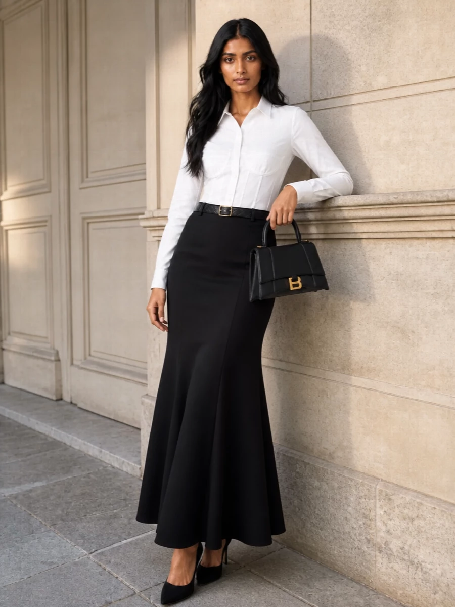 Balenciaga white corset shirt black flared skirt outfit