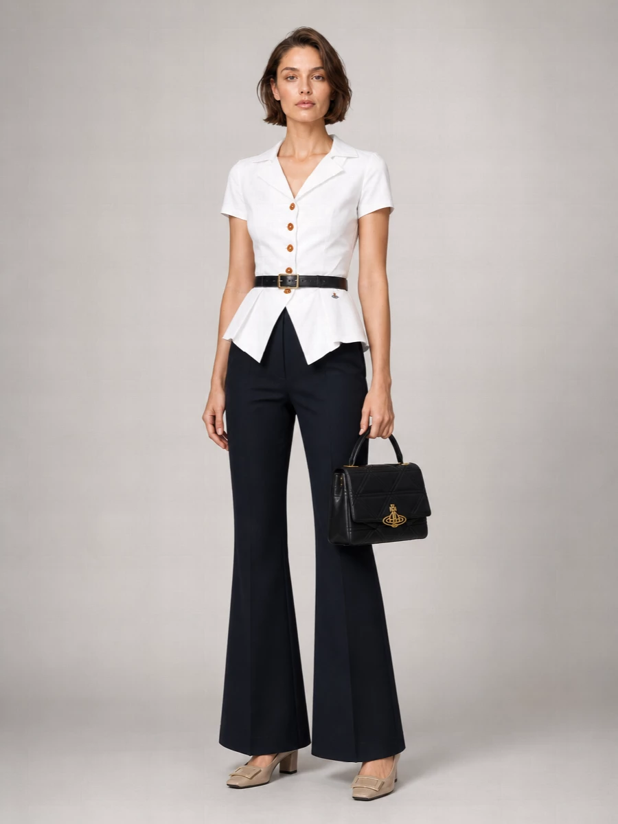 A sculpted white Vivienne Westwood blouse meets deep navy flared tailoring for a long, precise line that feels polished but quietly subversive. Taupe patent pumps keep the palette soft and grown up, while a structured black top-handle bag and a slim gold-buckled belt add just enough formality for client meetings that slide into dinner. The effect is tailored and preppy, with subtle corseted drama rather than overt statement.