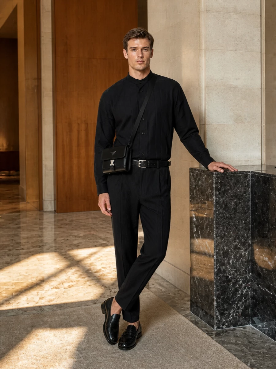 Issey miyake pleated shirt tapered trouser outfit