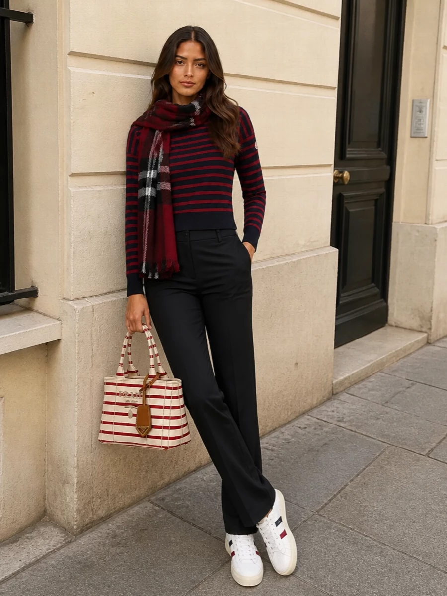 Moncler sweater black trousers prada tote