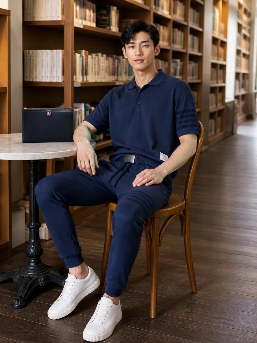 Thom browne navy joggers polo white sneakers