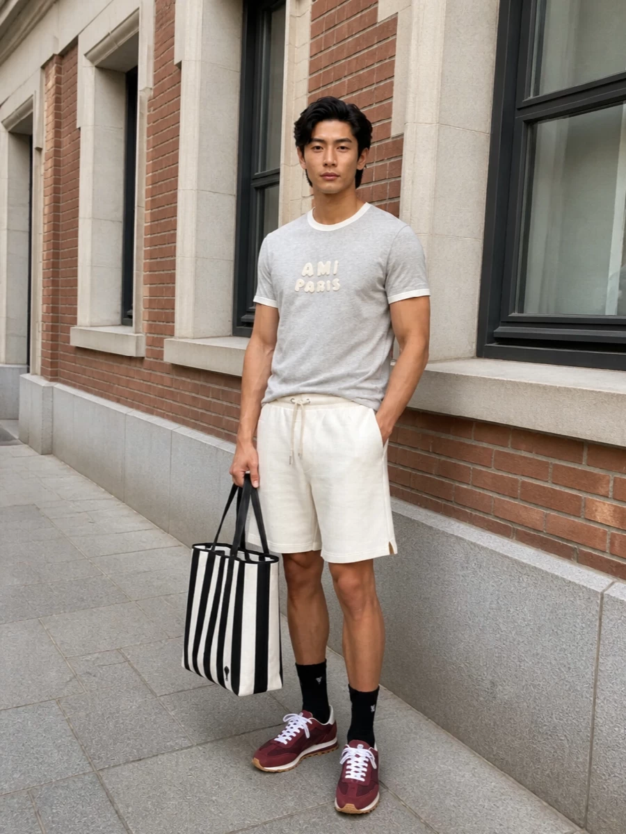 Heather grey and off‑white stay center stage, framed by soft deck shorts that keep the whole palette light and collegiate. Burgundy runners and a bold striped tote add just enough color and graphic attitude without breaking the easy rhythm. The result feels like relaxed campus energy done with precise Parisian polish.