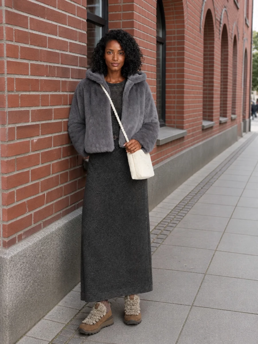 Brunello cucinelli knit dress grey faux fur jacket