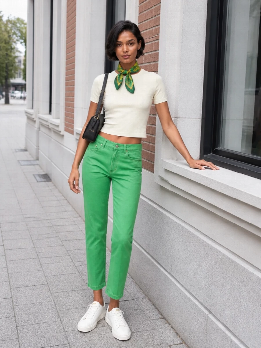 Versace green cropped trouser white tee outfit