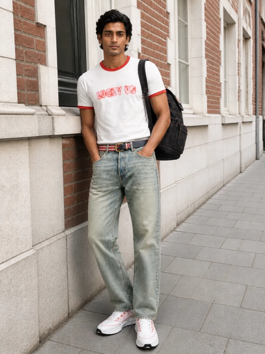 Kenzo ringer tee faded jeans sneakers